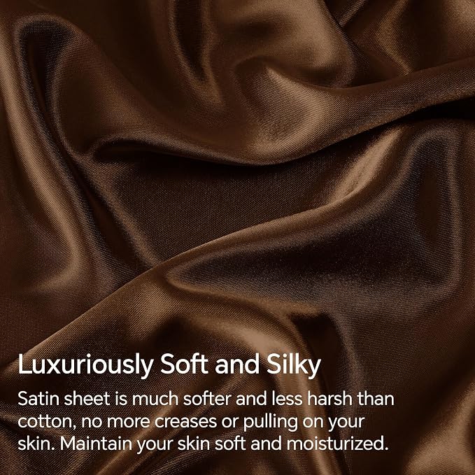 BEDELITE Satin Sheets Queen Size Bed Set, Brown, 4 Pieces | Luxury Silky Bed Sheets, 15 Inch Deep Pocket, Similar to Silk, Soft and Cooling, Reduces Friction, Gentle on Hair and Skin