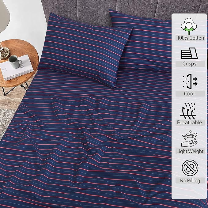 RUVANTI 100% Cotton Percale Sheets Queen Size, Nautical | Crisp Cooling, Deep Pocket 16", Soft Breathable & Durable, Hotel-Style, 4 Piece Set