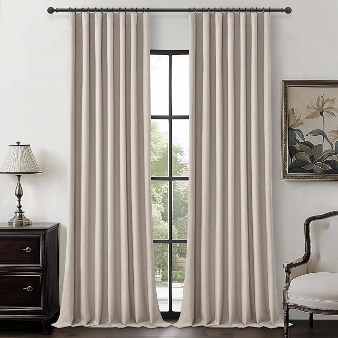 Grayish Flax Linen Blend Black Out Curtains 95 Inch Long for Living Room 2 Panels Set, Elegant Room Darkening Insulated Boho Window Drapes Bedroom Floor to Ceiling Traverse Track Light Tan(50"Wx95"L)