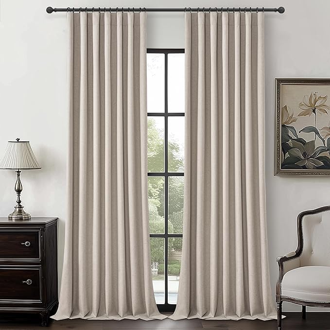 Extra Wide 60 Inch Blackout Curtains 96 Inches Long for Living Room, Rustic Boho Room Darkening Textured Linen Pleated Insulated Ceiling Track Large Window Drapes (60"W x 96"L 2 Panels Grey Flax)