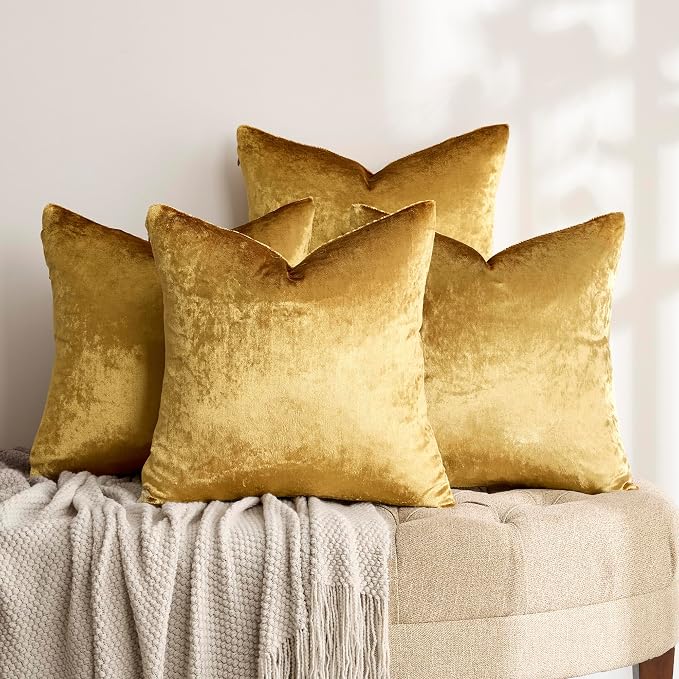 GIGIZAZA Pack of 4 Gold Decorative Velvet Pillow Covers 18x18 | Throw Pillows for Couch Sofa,300gsm Soft Thick Fabric,Modern Accent Pillowcases,Luxury Living Room Cushion Covers