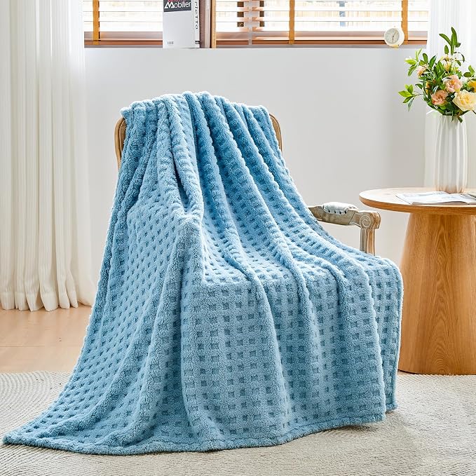 NEWCOSPLAY 3D Waffle Checkered Flannel Throw Blanket, Blue, 50"x70" | Super Soft Cute Lightweight Decorative Premium Silky Fleece Blanket for Couch Sofa Bed, Gift for Women Men, All Season Use