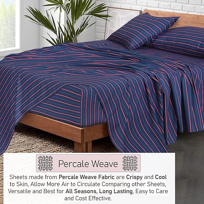 RUVANTI 100% Cotton Percale Sheets Queen Size, Nautical | Crisp Cooling, Deep Pocket 16", Soft Breathable & Durable, Hotel-Style, 4 Piece Set