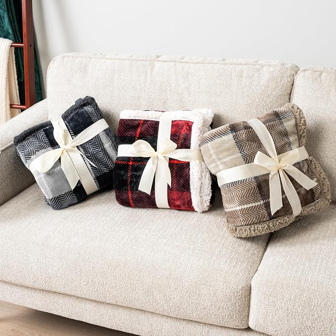 PAVILIA Twin Plaid Sherpa Throw Blanket for Couch Sofa Bed Dark Grey, 60x80 | GSM 460; Soft Plush Flannel Fleece; Warm&Cozy for Home; Machine Washable, Perfect Cabin Decor Winter Holiday Christmas Gift