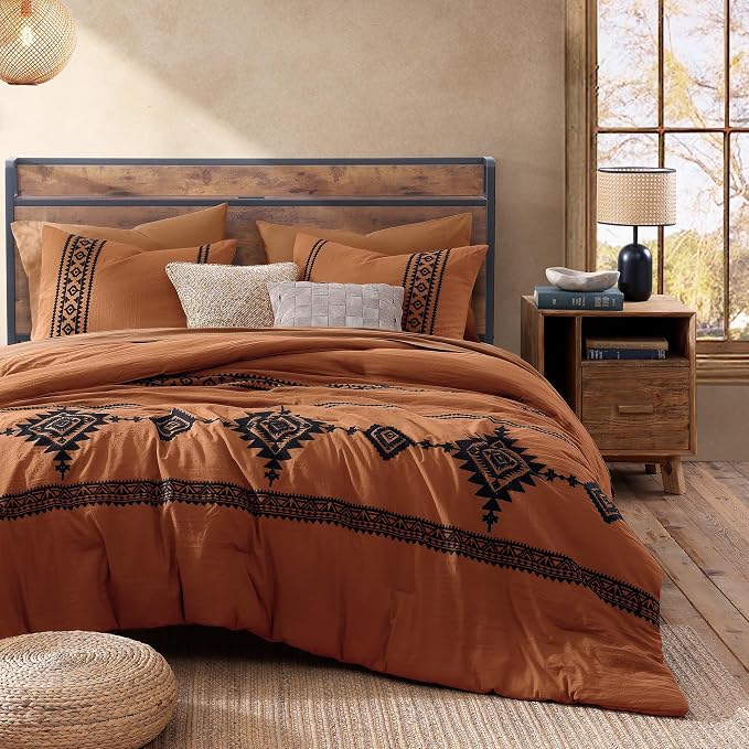 MaiRêve Embroidery King Size Comforter Set 7 Pieces Western Bed in a Bag | Burnt Orange Boho Farmhouse Bedding Sets with Comforter, Sheets, Pillowcases & Shams