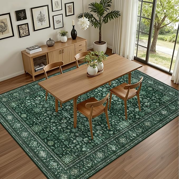 4x6 Area Rugs Living Room: Washable Rug for Bedroom Deep Green | Boho No Slip Stain Resistant Rug Soft Indoor Decor Floor Floral 4x6 Area Rugs for Dining Room, Nursery, Hallway, Home Office