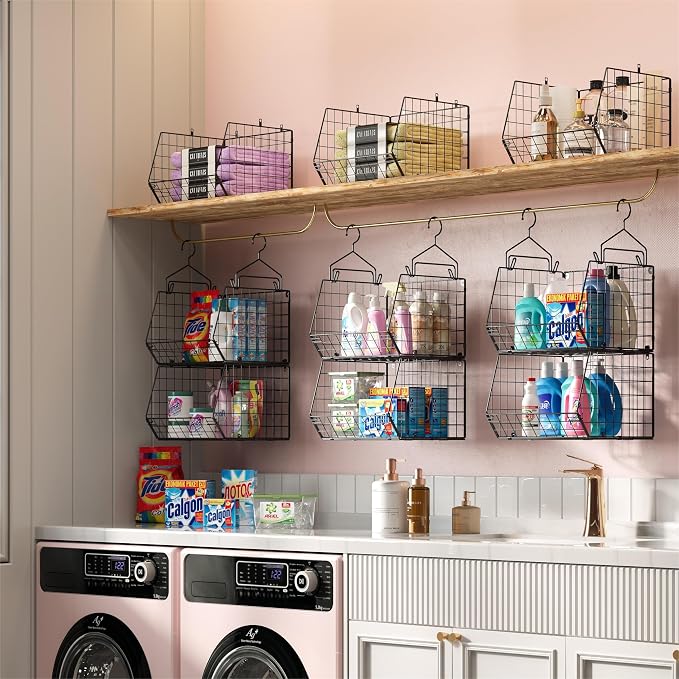 X-cosrack 5 Tier Closet Hanging Organizer, Clothes Hanging Shelves with 4 Hanging Hooks 5 S Hooks, Wire Storage Basket Bins, for Clothing Sweaters Shoes Handbags Clutches Accessories Patent Design