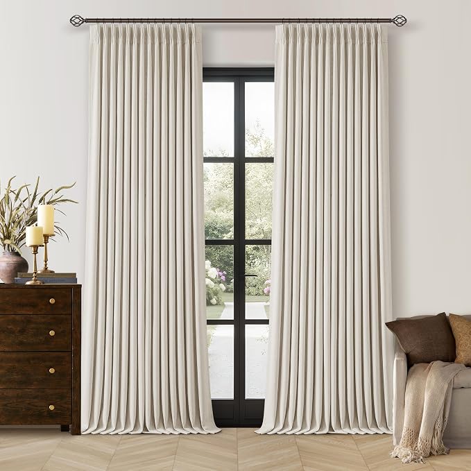 TWODRAPES 92 Inch Long Pinch Pleated Blackout Curtains Natural for Bedroom | Thick Linen Blend, 100% Blackout Sliding Door Curtains, Cozy Modern, Privacy Protection, Living Room Drapes 92 Inches