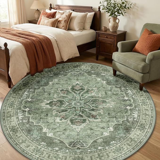 RELEANY Washable Area Rug, Round 6ft, Green/Dark Green/Gray | Non-Slip, Water Repellent, Pet Friendly, Easy to Clean, Vintage Floral Boho Decor for Living Room Bedroom Dining Room