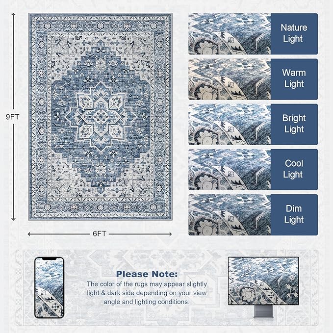 6x9 Area Rugs Living Room: Washable Vintage Rug for Bedroom Blue | Boho No Slip Stain Resistant Rug Soft Indoor Decor Floor Floral 6x9 Area Rugs for Dining Room, Nursery, Hallway, Home Office