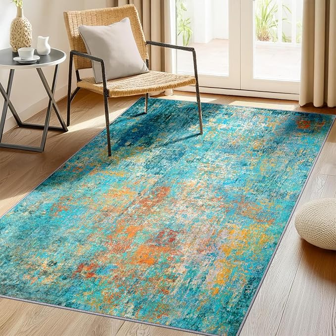 RELEANY Washable 3'x5' Abstract Area Rug for Living Room Teal Multi | Carpet for Bedroom, Kitchen, Office, Hallway and Entryway, Printed Pattern, Non‑Slip, Soft, Stain‑Resistant, Easy to Clean