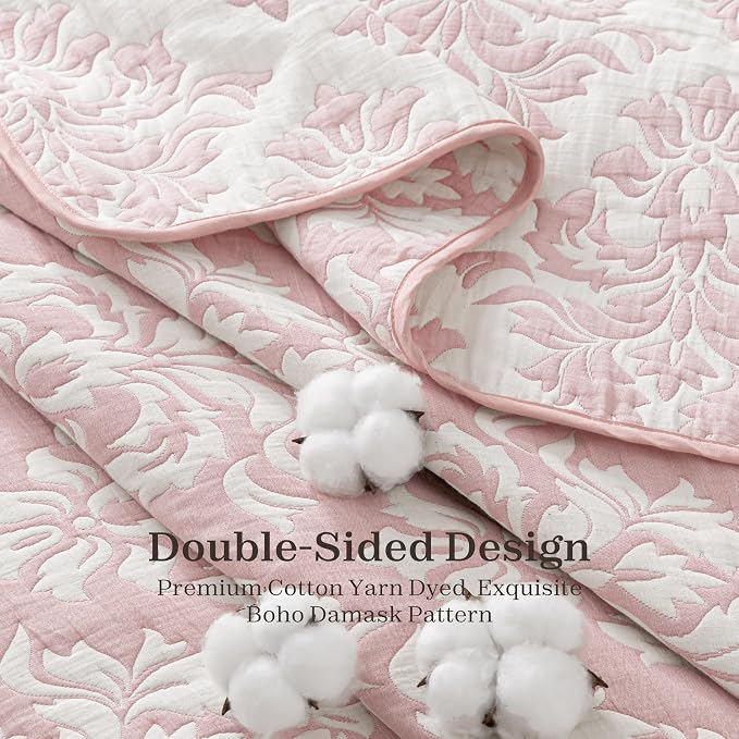 Exclusivo Mezcla Cotton Quilts Queen Size Pink | Soft Lightweight Bedspread, Breathable Prewashed Yarn Dyed Muslin, All Season Bedding Set, Boho Coverlet With 2 Pillow Shams