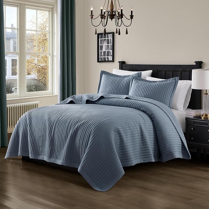 WDCOZY Dusty Blue King Size Quilt Set, Striped Pick Stitch Bedspread | Lightweight Soft Channel Coverlet, Spring Summer Thin Comforter, Farmhouse Rustic Country Bedding