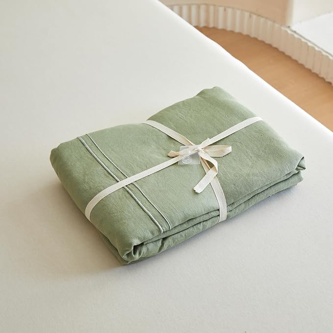 Simple&Opulence 100% Washed Linen Duvet Cover Set 68"x86" - 2 Pieces Soft Farmhouse Comforter Set Double Embroidered with Button Closure - 1 Duvet Cover and 1 Pillowsham (Sage Green, Twin)