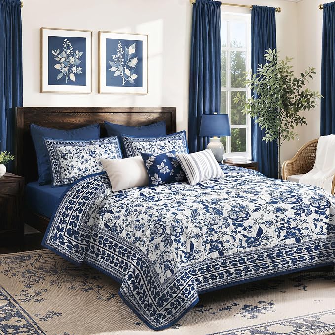 FLYMME Blue and White Vintage Floral Quilt Set Twin Size, 2-Piece Classic Reversible Bedspread Coverlet with 1 Pillow Sham, Lightweight Botanical Bedding Set for All Season