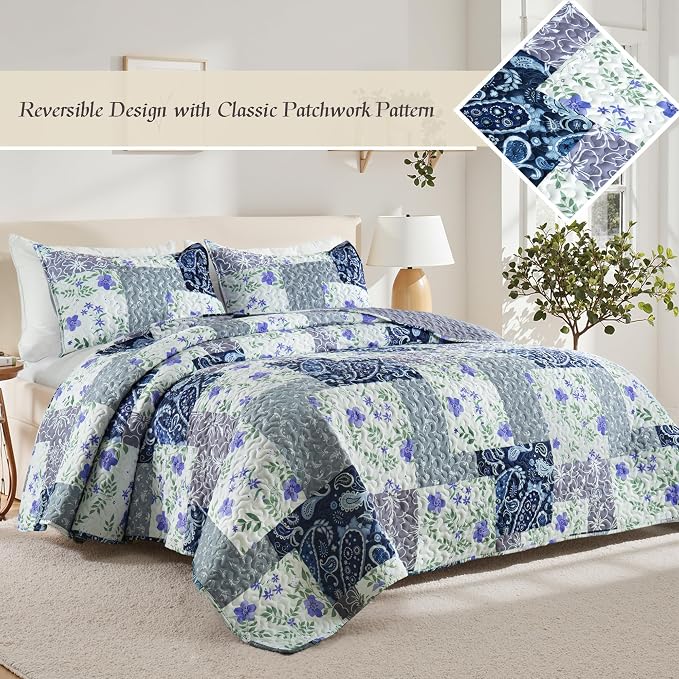 Whale Flotilla California King Size Quilt Set, Extra Soft Floral Bedspreads | Paisley Flowers Reversible Lightweight Oversized King Quilt Bedding Set, Printed Coverlet with 2 Pillow Shams for All Seasons