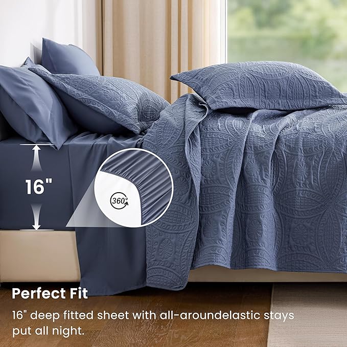 Love's cabin Queen Quilt Set Bluish Grey, Bed in a Bag Queen Bedding 7 Pcs, Ultrasonic Embossed Coin Pattern Comforter, Lightweight Bedspreads for All Seasons Quilt with Sheets, Pillowcases & Shams