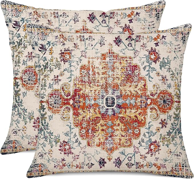 Outdoor Waterproof Pillow Covers 18x18 Inch Set of 2 Bohemian Vintage Carpet Pattern Pillow Covers Blue Burnt Orange Ethnic Design Decorative Farmhouse Couch Garden Balcony