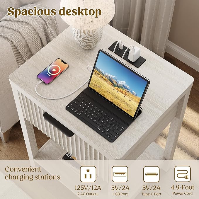 Night Stand Set 2, Fluted Wood Nightstands w/Charging Station for Bedroom | Grey White, Storage Drawer, Open Shelf, Metal Silent Rails, Round Corners, Modern Fluted Panel, Living Room, Bedside Table