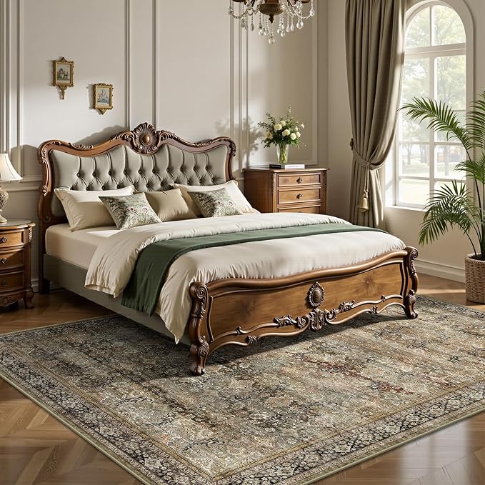5x7 Area Rugs - Washable Vintage Retro Living Room Rug, Soft Ultra Thin Non Slip Low Pile Traditional Distressed Boho Carpet for Bedroom Dining Room Nursery Home Office, Charcoal Olive