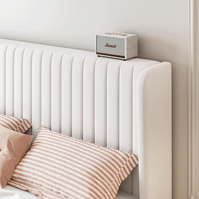 SHA CERLIN King Size Velvet Bed Frame, Tufted Wingback Headboard, White | 47'' Modern Vertical Channel Headboard, Upholstered Platform Bed, Wood Slats, No Box Spring Needed, Easy Assembly, Noise Free