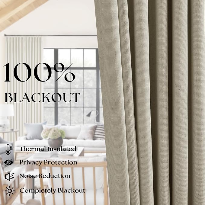 Burlywood Birch 63 Inch Blackout Pleated Linen Curtains with Liner 40x63 | Memory Trained, 100% Black Out, Thermal Insulated, UV Blocking, Noise Reducing Curtains for Small Window Bedroom 2 Panels