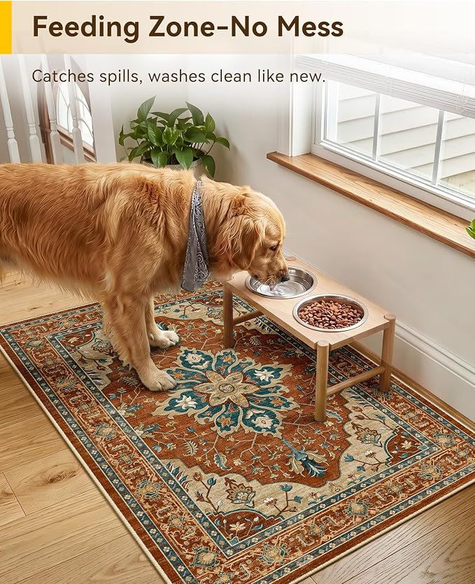 RELEANY Washable Area Rug, Small 2'x3', Red/Orange/Blue/Brown | Non-Slip, Water Repellent, Pet Friendly, Easy to Clean, Vintage Floral Boho Decor for Kitchen Entryway Bathroom