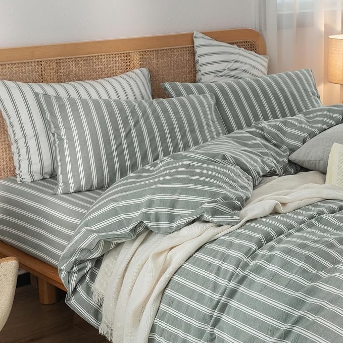 BESTOUCH Striped Cotton Duvet Cover Set Linen Feel Oversized King | 100% Washed Cotton, Soft Wrinkle Texture, Hidden Zipper, 8 Ties, Breathable Lightweight Durable Comfy, 3 Pcs No Insert