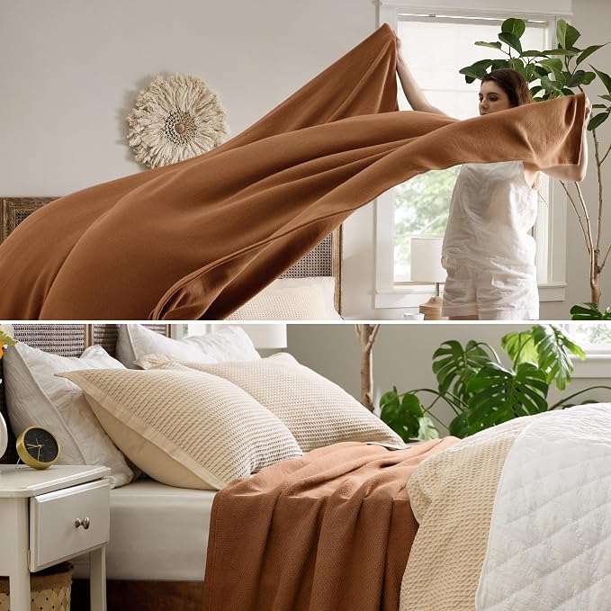 Bedsure 100% Cotton Blanket, Herringbone Weave, King, Burnt Orange | Breathable, Lightweight Bedspread, Soft, Cooling for Hot Sleepers, Ideal for Summer Nights, Machine Washable, 108x90 Inches