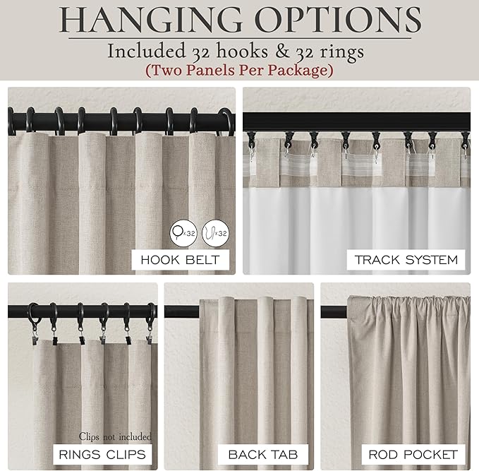 Grayish Flax Linen Blend Black Out Curtains 96 Inch Long for Living Room 2 Panels Set, Elegant Room Darkening Insulated Boho Window Drapes Bedroom Floor to Ceiling Traverse Track Curtain Light Tan