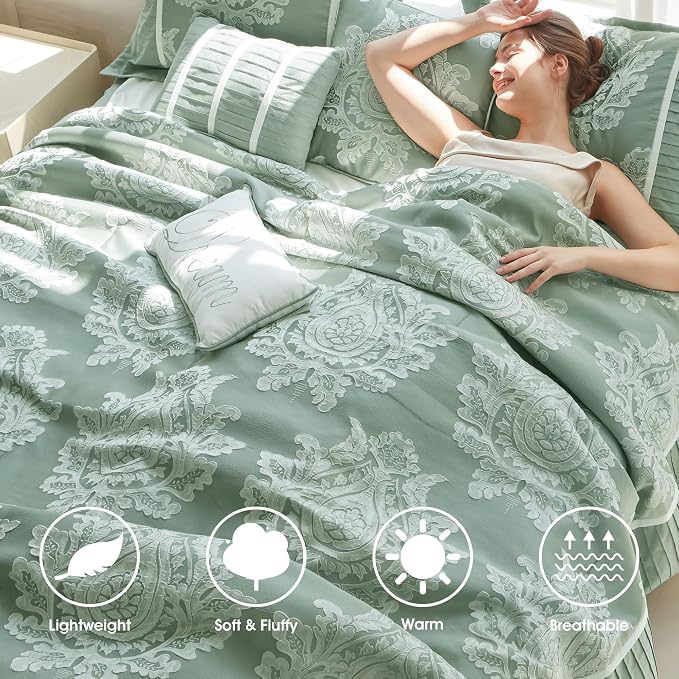 Sage Oversized Comforter Set 7 Pieces, Jacquard Woven with Damask, Bedding Set in a Bag Includes Comforter, Bed Skirt, Pillow Shams, and Decorative Pillows