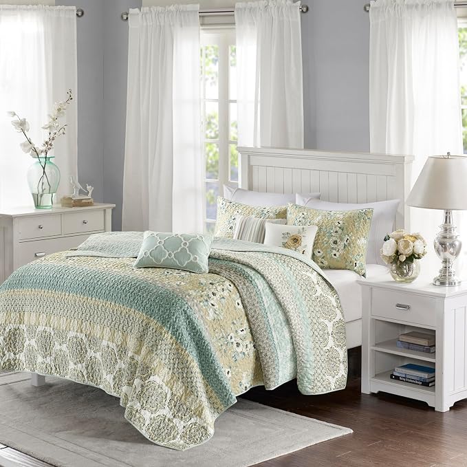 Madison Park Cotton Floral Coverlet Green Queen Quilt Set, 6pc | Double Sided Stitching, All-Season, Lightweight, Shabby Chic Bedding Layer, Machine Washable, Cozy, Breathable, Soft