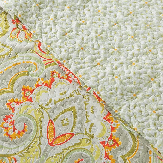 Cotton Bedspread Quilt Sets-Reversible Patchwork Coverlet Set, European Beige Floral Pattern, Queen Size
