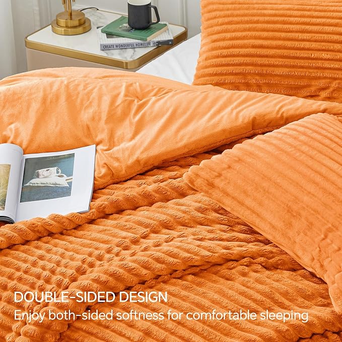 BEDELITE Fleece Full Comforter Set, Fluffy Bed Set, Burnt Orange | Super Soft & Warm Bedding, Luxury Fuzzy Faux Fur Comforter for Winter, Heavy Plush Bedding, with 2 Pillowcases