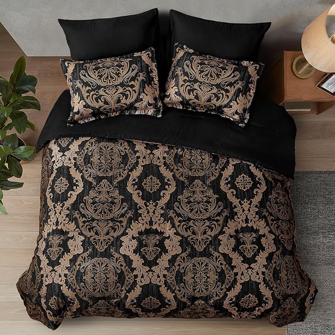 WONGS BEDDING Black Comforter Set Full Size, Gold Damask Texture 7 Pieces Bed in a Bag Microfiber Comforter Bedding Sets -1 Comforter, 1 Flat Sheet, 1 Fitted Sheet, 2 Pillow Shams, 2 Pillowcases