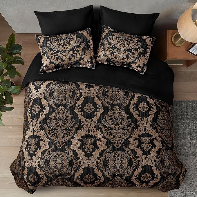 WONGS BEDDING Black Comforter Set California King Size, Gold Damask 7 Pieces Bed in a Bag Microfiber Comforter Bedding Sets -1 Comforter, 1 Flat Sheet, 1 Fitted Sheet, 2 Pillow Shams, 2 Pillowcases