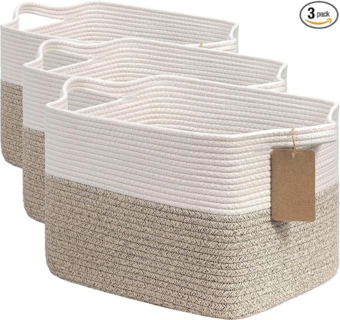 Goodpick Woven Storage Basket, Cotton Rope Basket for Dog Toys, Books, Stylish Gift Basket with Handles, 13 x 10 x 9 Inches Square Baskets for Organizing, Brown and White (Pack of 3)