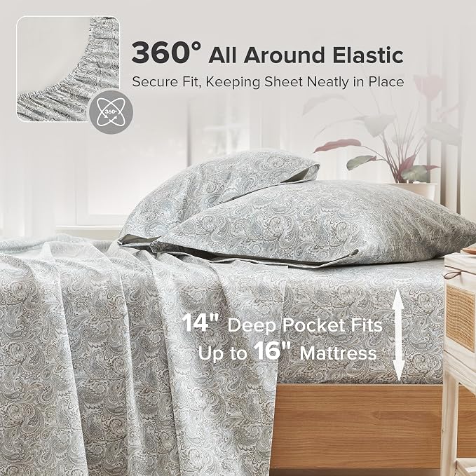 Comfort Spaces 100% Cotton Percale Sheets Cal King Size 4 Pc, Paisley Multi | Crisp, Cool & Breathable Bed Sheets, 14" Deep Pocket Fits Up to 16" Mattress, Lightweight, All Season Cozy, with Pillow Case
