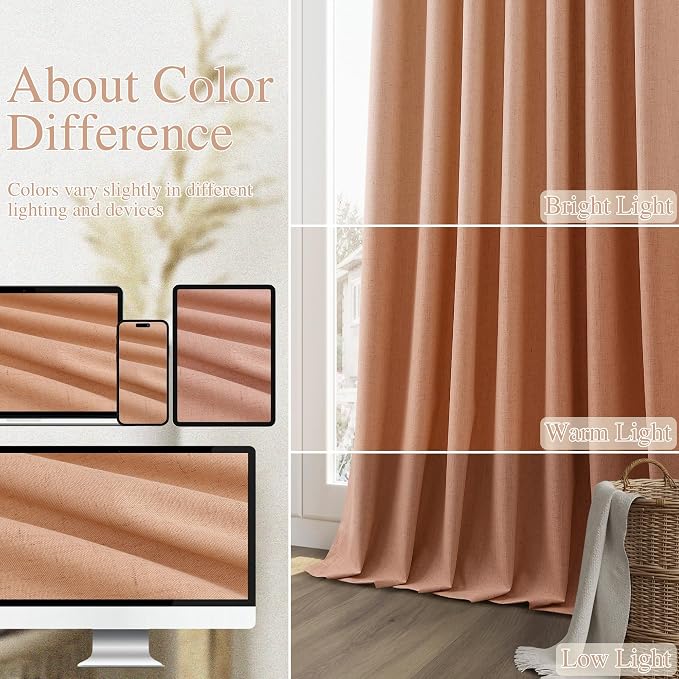 100% Blackout Curtains 90 Inch Length 2 Panels Set for Living Room Bedroom Back Tab Thermal Insulated Black Out Linen Drapes Room Darkening Peach Quartz,52x90