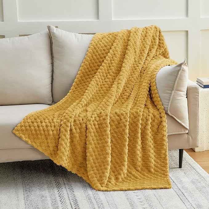 EXQ Home Gentle Soft Fleece Throw Blanket – Cozy Lightweight 3D Imitation Turtle Shell Jacquard Blanket for Couch Bed – All-Season Warm Fuzzy Flannel Blanket for Women Mom Gift(50"x60",Mustard Yellow)