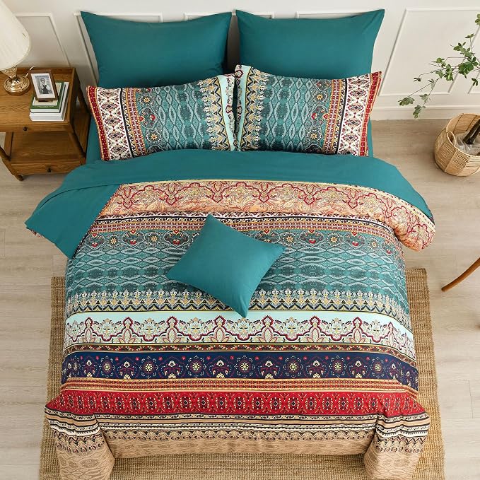 Cottolester Boho Queen Size Comforter Set 8 Pieces,Green and Brown Bohemian Striped Bed in a Bag,Floral Soft Microfiber Bedding Comforter Set