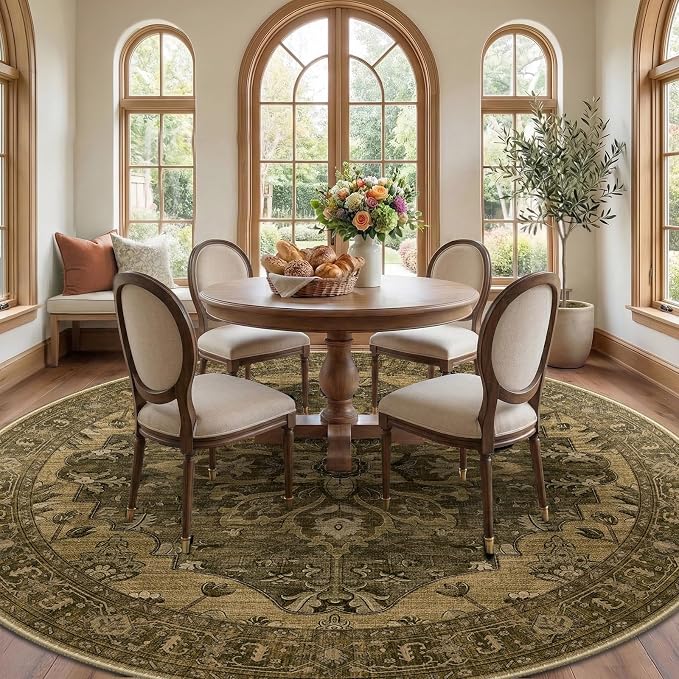 RELEANY Washable Area Rug, Round 8ft, Brown/Dark Brown | Non-Slip, Water Repellent, Pet Friendly, Easy to Clean, Vintage Floral Boho Decor for Living Room Bedroom Dining Room