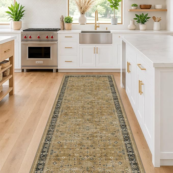 Washable 2x10 Entryway Long Runners for Hallways, Kitchen Floor Mat for Indoor Entrance, Vintage Rustic Brown and Charcoal Olive Decor, Non-Slip Stain Resistant Low-Pile Throw Rug