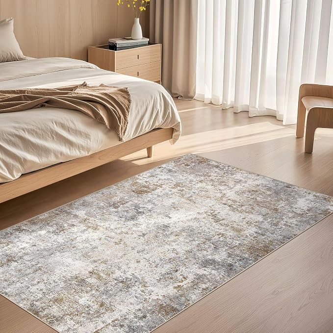 UERMEI 3x5 Entryway Area Rug Washable Neutral Brown Grey Small Carpet | Modern Abstract Non-Slip Soft Low Pile Rugs for Entrance Kitchen Living Room Bedroom Front Door Decor, Kid & Pet Friendly