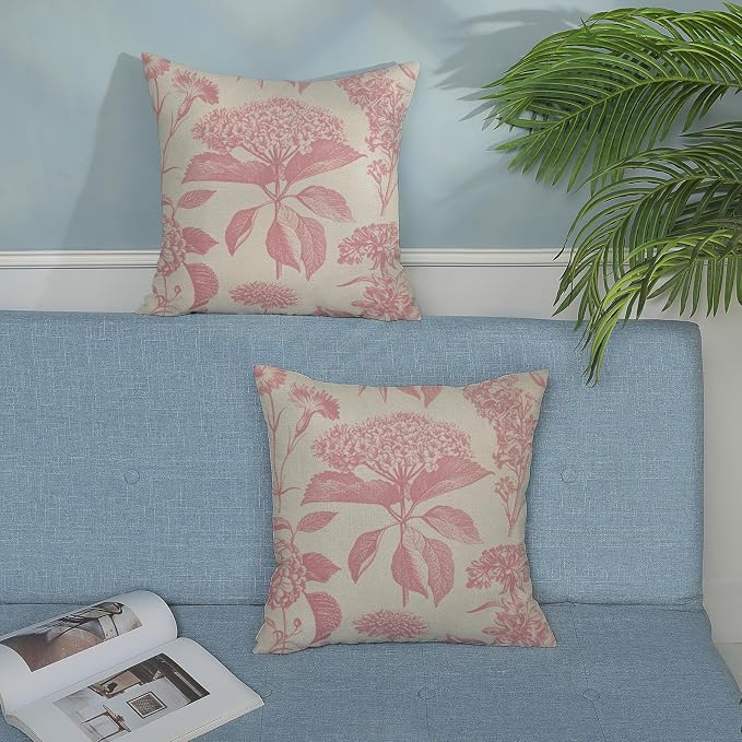 Pink Pillow Covers 22x22 Inch 2 Pcs Boho Vintage Floral Decor Throw Pillows Hydrangea Flower Seasonal Outdoor Farmhouse Neutral Accent Decoration Pillowcase Linen Cushion Cover for Sofa