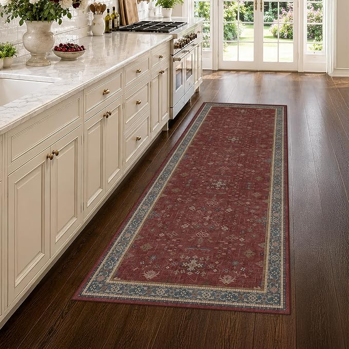 Washable 3x8 Entry Way Rugs Indoor - Burgundy Large Kitchen Rug, Non Slip Unique Bohemian Red Low Pile Thin Carpet for Bedroom Bedside, Foyer