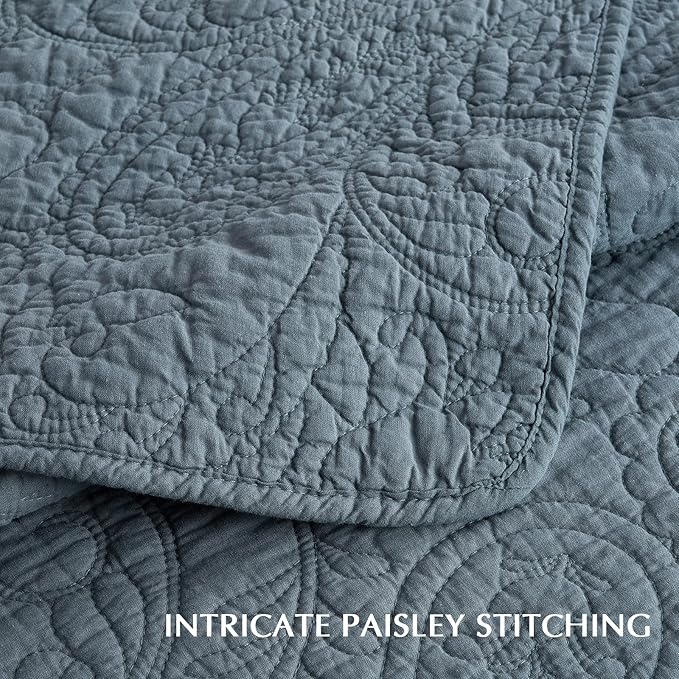 EVERGRACEHOME 100% Cotton Paisley Quilt Set, Queen Size, Stormy Blue | Prewashed for Softness, Year-Round Breathability, Gift-Ready Box, Matelasse-style Quilted Coverlet, 3 Piece Set with 2 Shams