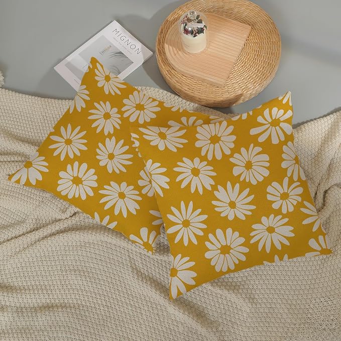 Mustard Yellow Pillow Covers 16x16 Inch 2 Pcs Daisy Floral Summer Outdoor Decor Throw Pillows Spring Flower Farmhouse Holiday Decoration Pillowcase Linen Cushion Cover for Couch Sofa Bed