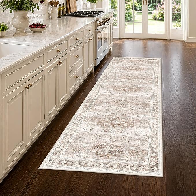 Beige Washable 8ft Long Runners for Hallways, 3x8 Kitchen Runner Rug, Entryway Indoor Runner, Non Slip Boho Vintage Floor Décor for High Traffic Area (3x8 Beige/Latte)