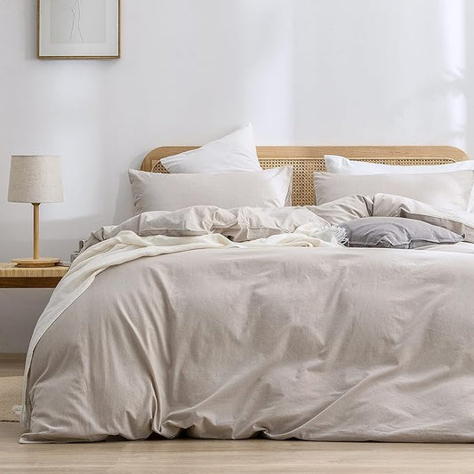 BESTOUCH Cotton Solid Duvet Cover Set Linen Feel Linen Grey Oversized King | 100% Washed Cotton, Soft Wrinkle Texture, Hidden Zipper, 8 Ties, Breathable Lightweight Durable Comfy, 3 Pcs No Insert